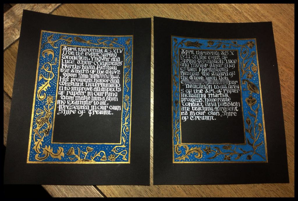 Black Hours style scrolls  for the Award of the Glove for Cyveiliog McKinley and Jock McKee