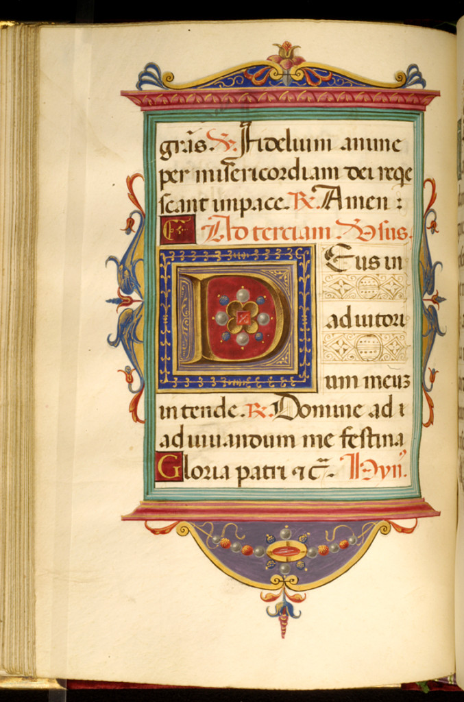 Francesco Marmitta. 'Leaf from Rangoni Bentivoglio Book of Hours,' ca. 1505. ink, paint and gold on parchment. Walters Art Museum (W.469.48V): Acquired by Henry Walters.